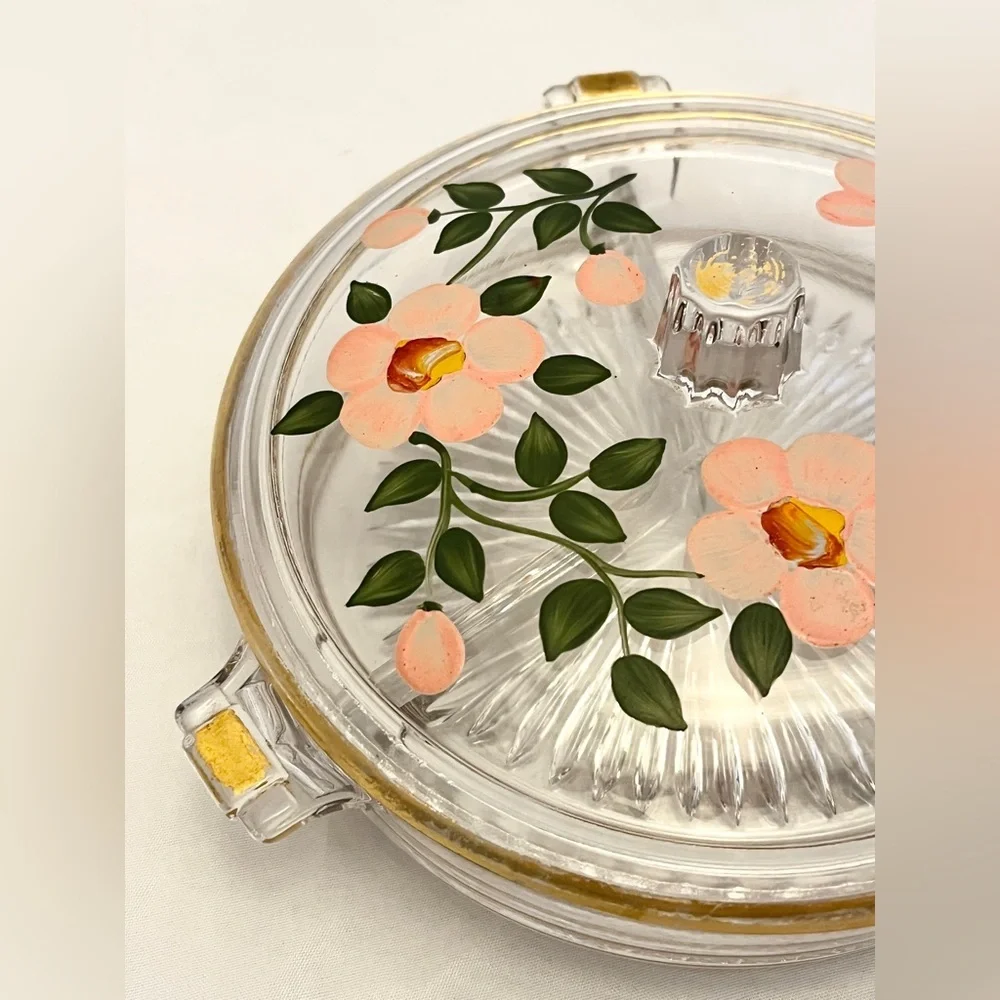 Duncan Miller Glass Hand Painted Lidded Vanity Dish, Pre-1950 Vintage EUC